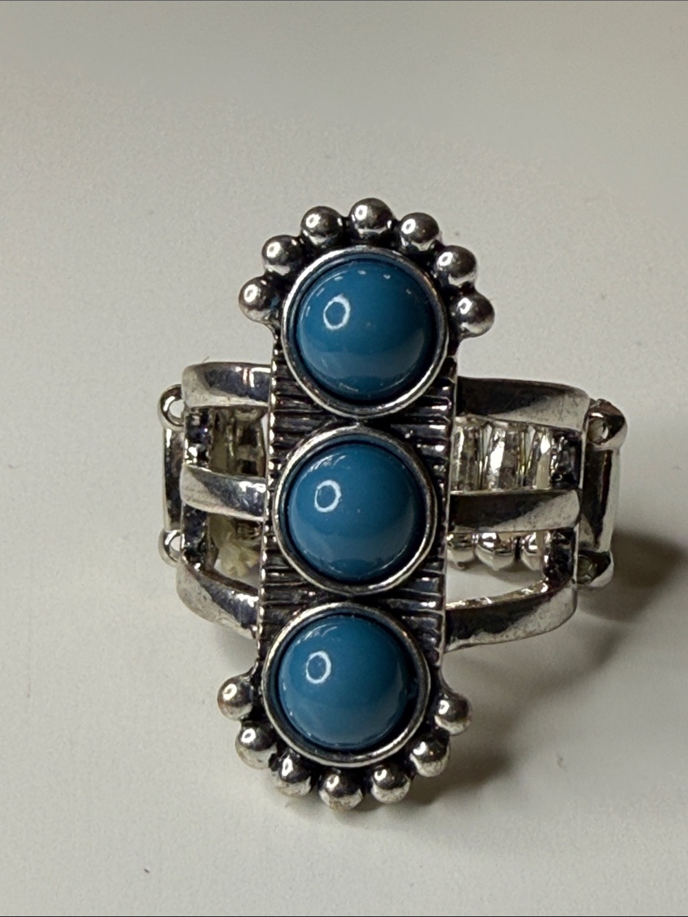 Stretch Blue Triple acyrlic Stone Silver tone Ring ring southwestern motif